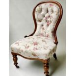 SLIPPER CHAIR, Victorian mahogany framed with spoon framed button upholstered printed cotton, 60cm