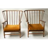 ARMCHAIRS, a pair, mid 20th century in the manner of early Ercol beach and bent elm with enclosing