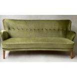 DANISH SOFA, moss green velvet and button upholstered with twist cord piping, 180cm W.