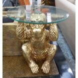 MONKEY SIDE TABLE, gilt finish, glass top, 50cm x 45cm diam.