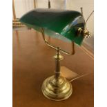 BANKERS LAMP, gilt metal, green glass shade, 38cm H.