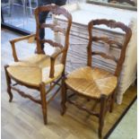 COUNTRY DINING CHAIRS, a matched set of eight, Louis XV style beechwood, each with a ladder back and