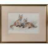 FOLLOWER OF HENRY WILKINSON 'Fox Cubs', watercolour, 21cm x 33cm, framed.