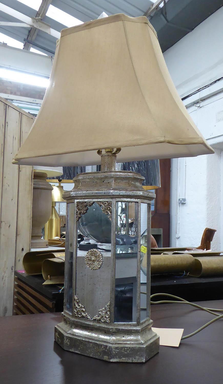 SIDE LAMP, mirrored, with a silk shade, 76cm overall.