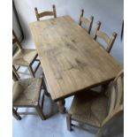 COUNTRY DINING TABLE AND CHAIRS, six beech bar back and rush seated chairs together with a farmhouse