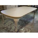 DINING TABLE, early 20th century and later grey painted with three extra leaves on castors, 75cm H x