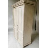 ARMOIRE, 19th century French grey painted with gadrooned cornice and two panelled doors enclosing