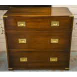 CHEST, military style mahogany and brass bound of three drawers, 75cm H x 80cm x 45cm.