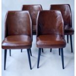DINING CHAIRS, a set of four, 1970's Danish tan brown hide upholstered with tapering supports with