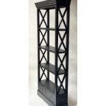 OPEN BOOKCASE, black painted with trellis sides and two drawers, 193cm H x 90cm x 30cm.