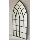 WALL MIRROR, Garden style arched gothic metal with pane effect frame, 118cm H.