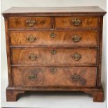 CHEST, early 18th century English figured walnut with two short above three long drawers, 53cm x