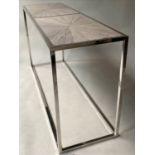 CONSOLE TABLE, rectangular chrome framed with radial driftwood panels, 160cm x 50cm x 87cm H.