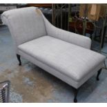 CHAISE LONGUE, grey fabric upholstered, ebonised supports, 160cm x 64cm x 85cm.