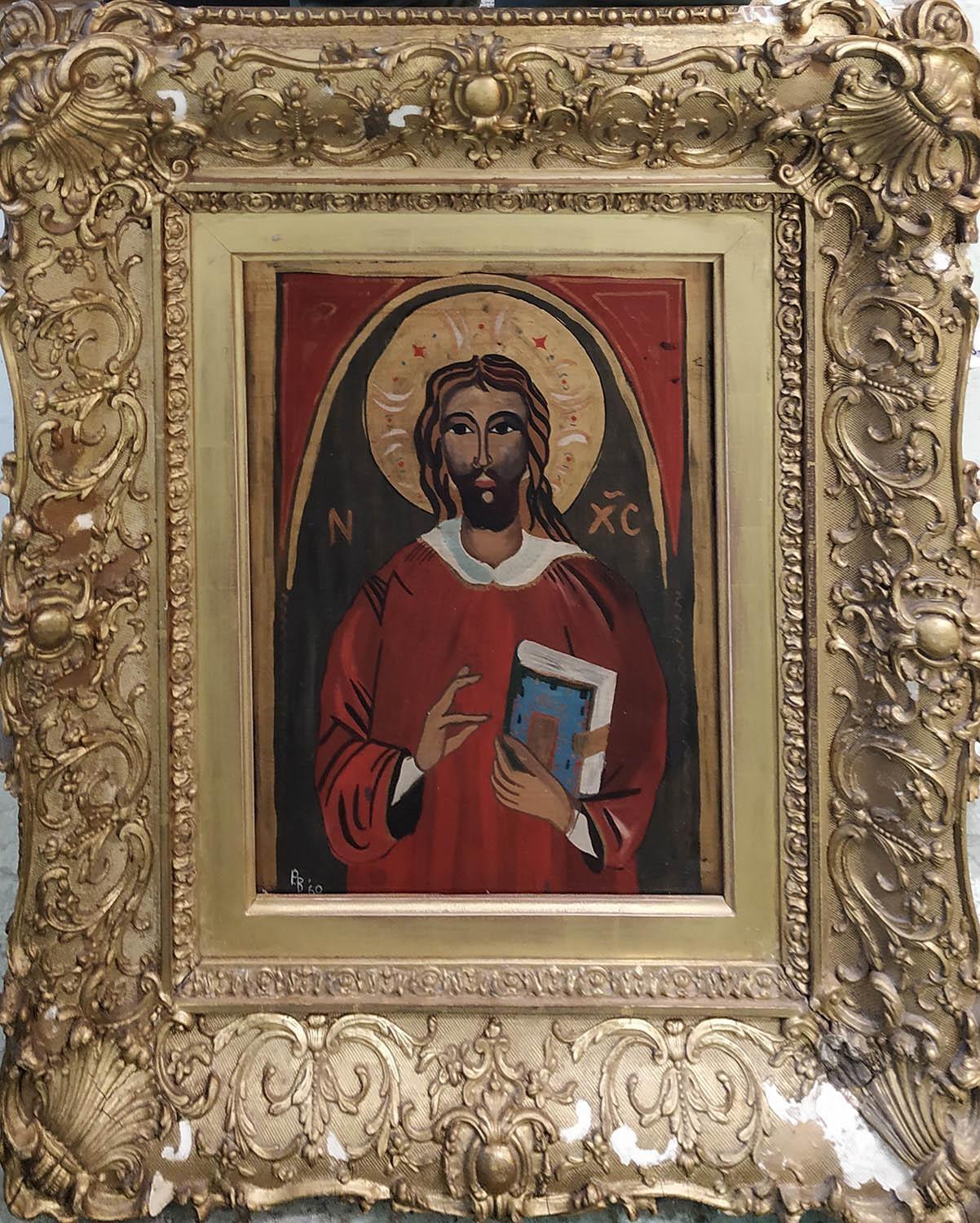 PAMELA BLACKMON 'Christ Pantacrator', verre eglomisé, 28cm x 22cm, in antique gilt frame.