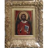 PAMELA BLACKMON 'Christ Pantacrator', verre eglomisé, 28cm x 22cm, in antique gilt frame.