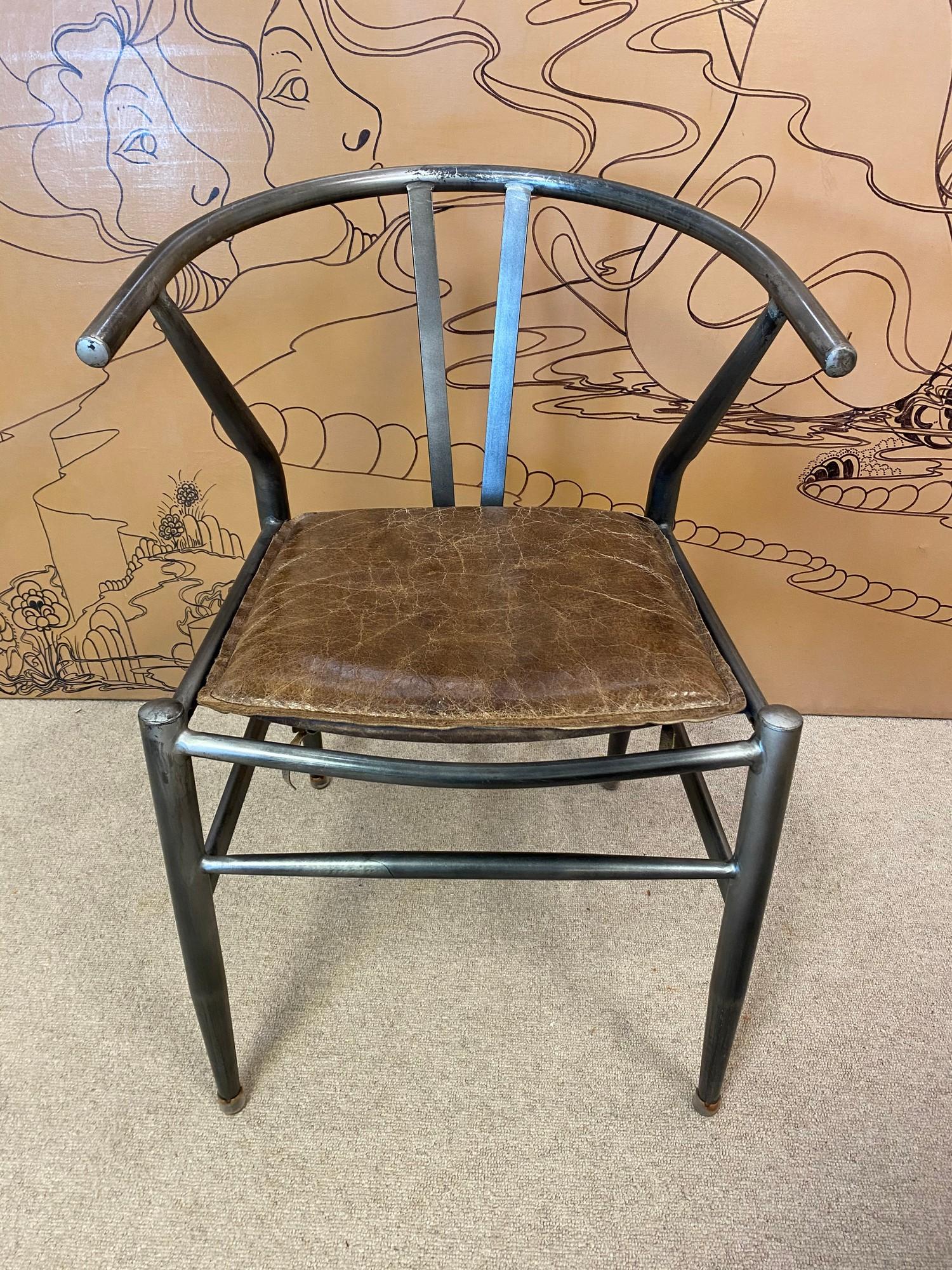 AFTER HANS J WEGNER WISHBONE STYLE DESK CHAIR, vintage steel framed with stitched brown leather seat - Image 3 of 3