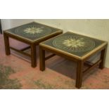 LAMP TABLES, a pair, mahogany and brass bound with glazed and compass print lined tops, 38cm H x