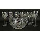 WATERFORD CUT CRYSTAL WINE GLASSES, a set of twelve along with a cut glass bowl. (13)