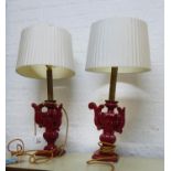 TABLE LAMPS, a pair, urn shaped, sang de beouf painted wood, each 64cm H overall including