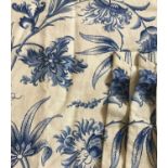 CURTAINS, a pair, line and interlined linen cotton, blue and cream printed, each 94cm W x 227cm