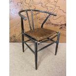 AFTER HANS J WEGNER WISHBONE STYLE DESK CHAIR, vintage steel framed with stitched brown leather seat