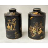 TEA CANISTERS, a pair, 18th century style black lacquer in colonial style with rural images and