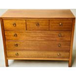 LOUGHBOROUGH CHEST, 1960's English, teak and brass inset with three short and three long drawers,