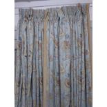 CURTAINS, two pairs, lined and interlined, the blue field with embroidered detail and tan velvet