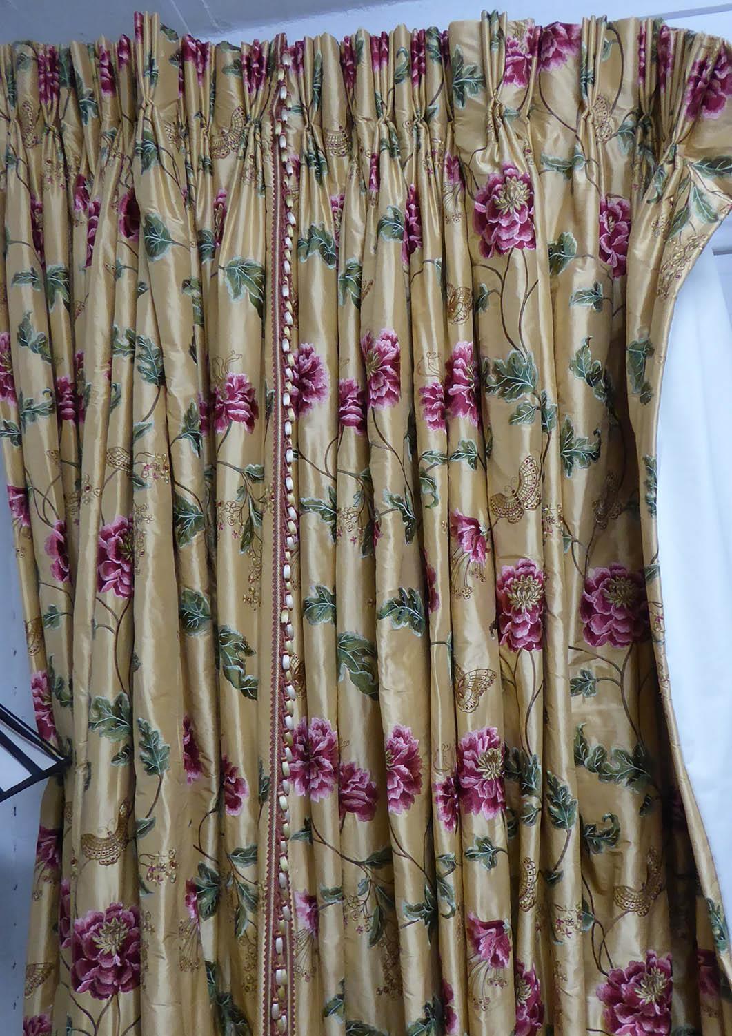 CURTAINS, a pair, lined and interlined, the gold silk field with embroidered floral and butterfly