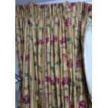 CURTAINS, a pair, lined and interlined, the gold silk field with embroidered floral and butterfly