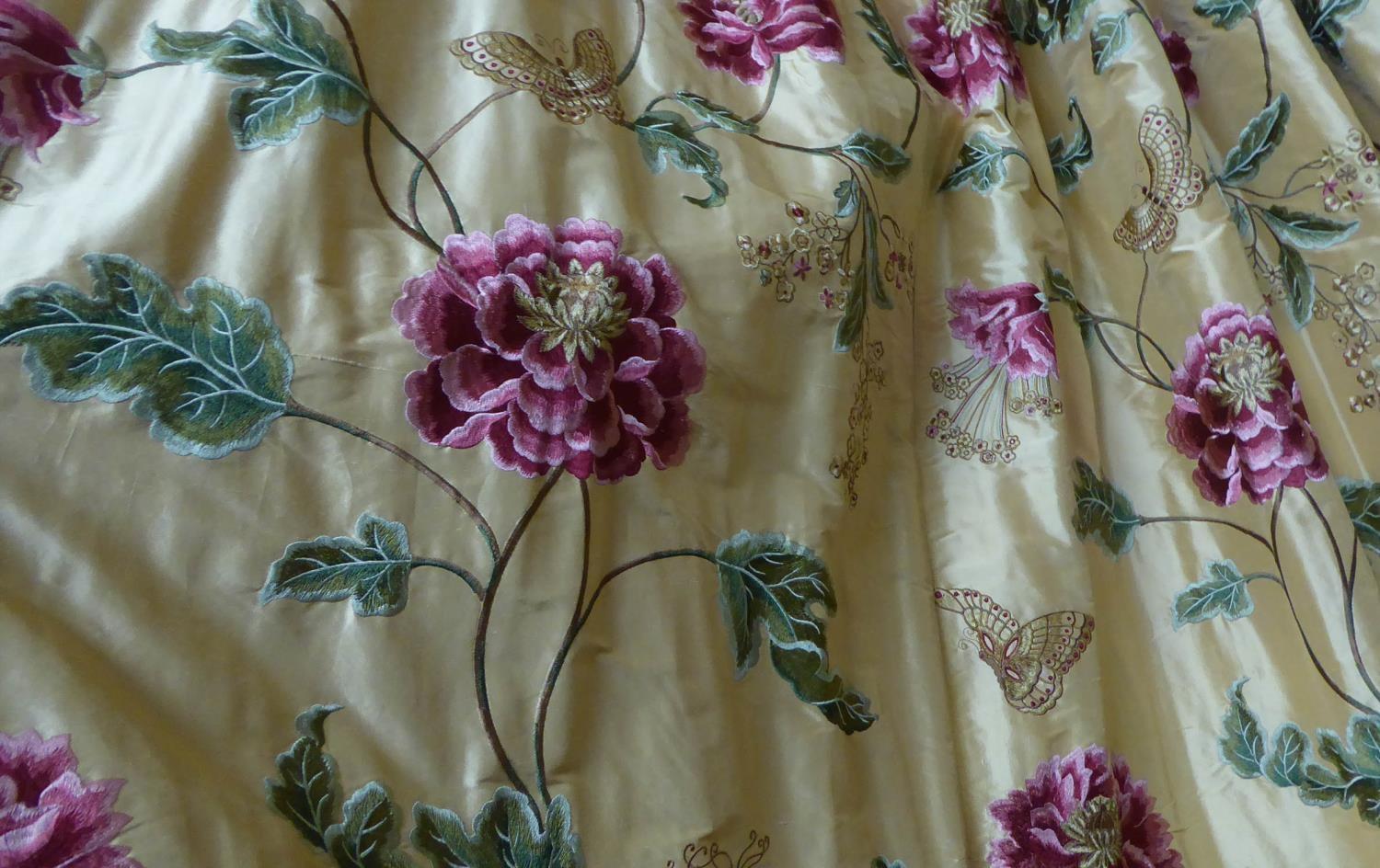 CURTAINS, a pair, lined and interlined, the gold silk field with embroidered floral and butterfly - Image 2 of 3