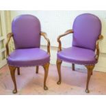 ARMCHAIRS, a pair, early 20th century Georgian style walnut in purple leather (one back stained),