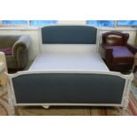 FRENCH BED, Louis XVI style in blue howe fabric with white painted frame and folding ticking base,