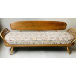 SURFBOARD SOFA/DAYBED, Ercol 1970's beechwood and ash with slab back, squab cushion and bentwood