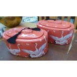 TRINKET JARS, a pair, Chinese inspired crane design with tasseled tops, 16cm H. (2)