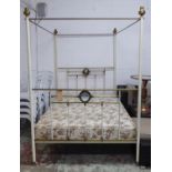 FOUR POSTER BED, early 20th century brass and white enameled with etched mirror panels at each end