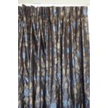 CURTAINS, a pair, lined and interlined, silken fabric with blue floral detail, each curtain approx