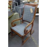 ROCKING CHAIR, Victorian mahogany and later grey check upholstered, 103cm H.