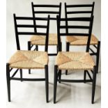 DINING CHAIRS, a set of four, 1970's Sussex style black lacquer and rush seated, 85cm H. (4)