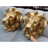 LION HEAD WALL RELIEFS, a pair, gilt finish, 50cm x 40cm. (2)