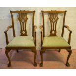 ARMCHAIRS, a pair, early 20th century Georgian revival mahogany with drop in pale green velvet