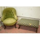ARMCHAIR, mid Victorian rosewood in worn green velvet, 68cm W and a Victorian mahogany stool in