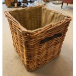 LOG BASKET, wicker, with leather handles, jute interior, 60cm x 60cm x 60cm.