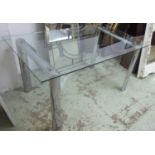 DINING TABLE, with a rectangular glass top on twin chrome supports, 150cm L x 76cm H x 90cm D.
