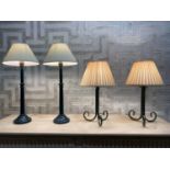 TABLE LAMPS, a pair, turned green painted wood columns, 60cm H, together with a pair of verdigris