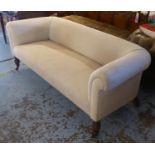 CHESTERFIELD SOFA, late Victorian walnut, with linen upholstery, on short turned front supports with