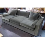 CINEMA ROOM SOFA, contemporary, green velvet upholstered, 282cm W approx. (slight faults)