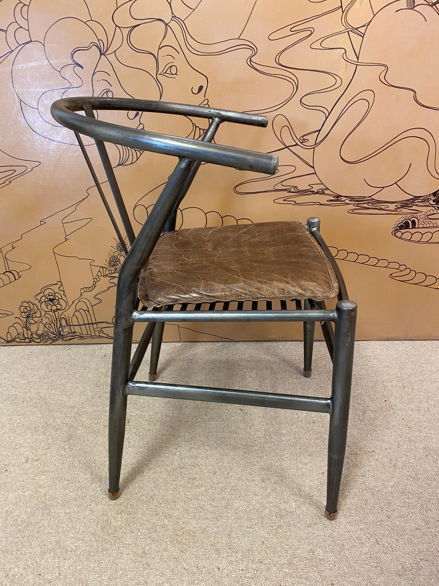 AFTER HANS J WEGNER WISHBONE STYLE DESK CHAIR, vintage steel framed with stitched brown leather seat - Image 2 of 3