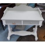VANITY TABLE, grey and white painted, galleried back, 54cm x 93cm x 93cm.